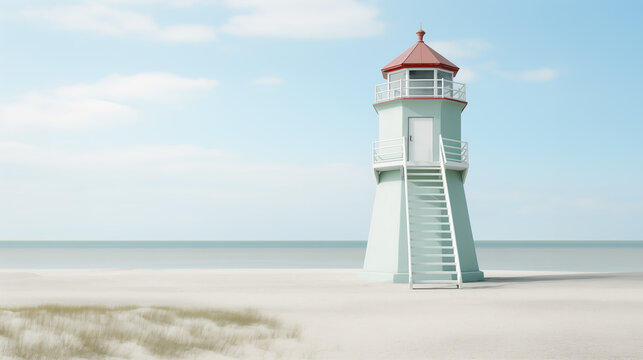 Simple lighthouse on empty sand beach by the sea. Calm coastal landscape on a warm summer day. Peaceful ocean and blue sky. Minimalist retro style image, pastel tones. Copy space.