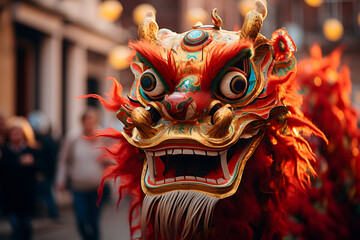 Chinese traditional colorful lion dance show in China town.New Year festival, year of the dragon. Holiday and celebration concept