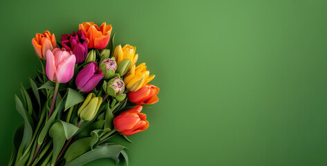 elegant mixed tulips arrangement on a seamless green backdrop with large copy sapce for text 