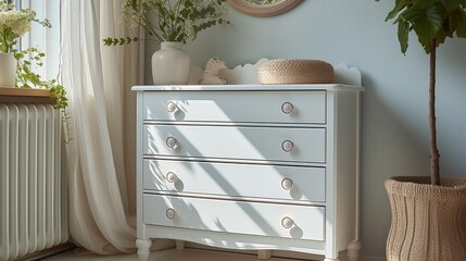 A white dresser with three drawers and round handles. On top of the dresser. Generative AI.