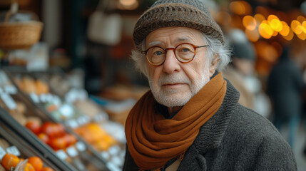 portrait of an elderly man in a store. A pensioner in a fruit store - obrazy, fototapety, plakaty