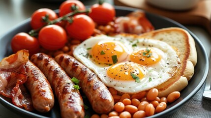 A classic English breakfast with fried eggs, sausages, baked beans and grilled tomatoes. Generative AI.