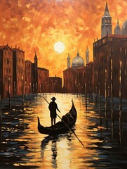 Vintage Art of Romantic Gondola Rides: Golden Hour in Venice Scene - obrazy, fototapety, plakaty