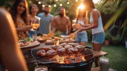 Group of friends having a barbecue in a garden with a grill, summer drinks and laughter. BBQ scene. Generative AI.