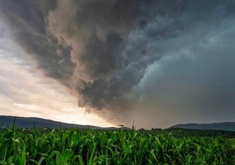 a storm approaches the horizon over a corn field during sunset