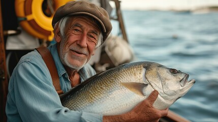 A happy elderly fisherman on his boat showing a big fish. Generative AI.