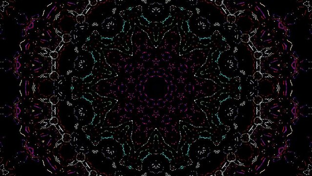 background moving stripes with shining light dots. Animation with circles,Abstract Kaleidoscope pattern with full colors. Magic mandala. 4k