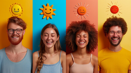 A group of people standing next to each other with suns on their heads - obrazy, fototapety, plakaty