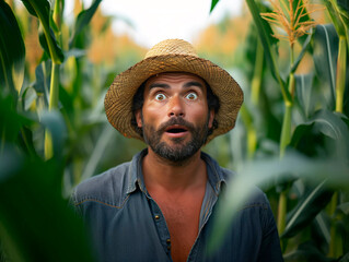 Surprised agronomist farmer in corn planting. Generative AI