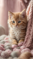 a beautiful kitten in a knitted vest surrounded by knitted items in pastel colors. Selective focus. Free space for text.