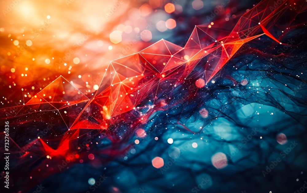 Poster abstract geometric background with a dynamic red and blue polygonal structure, symbolizing network c
