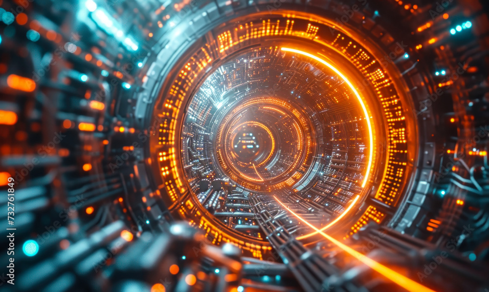 Poster futuristic cybernetic portal with glowing neon lights and digital elements forming a circular frame 