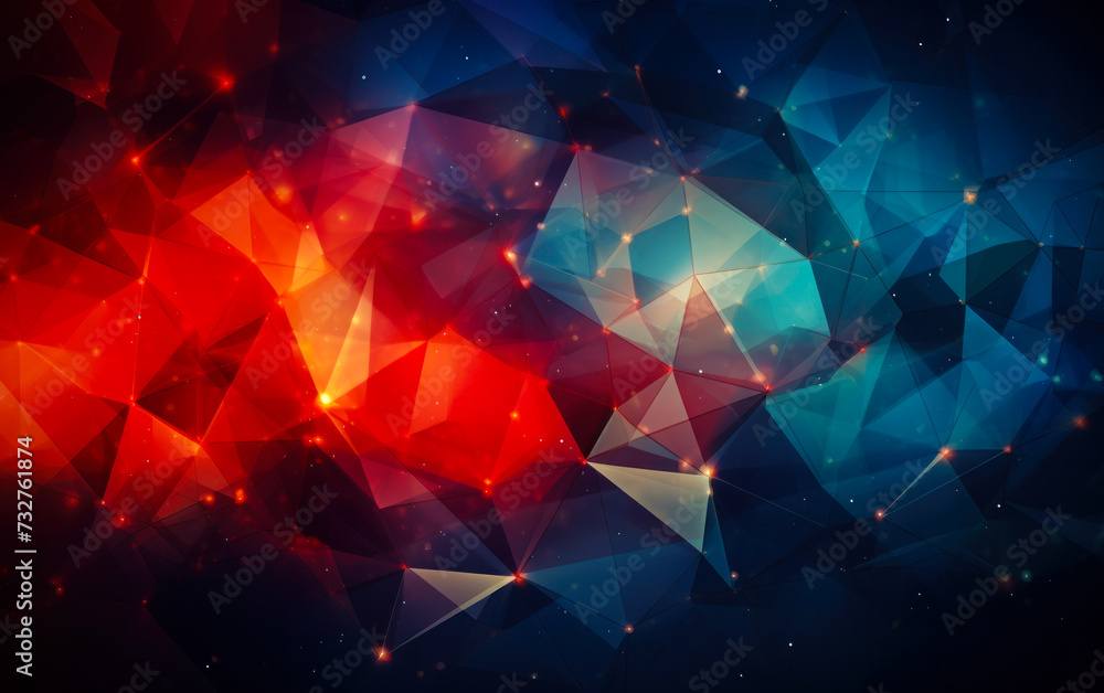 Poster abstract geometric background with a dynamic red and blue polygonal structure, symbolizing network c
