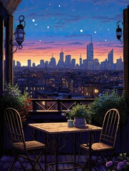 Romantic Night Skyline: Vintage Rooftop Dinner Art Print