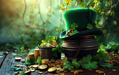 St Patrick's Day celebration still life with a vibrant green leprechaun hat, pot of gold, shamrocks, and golden coins, symbolizing luck and Irish tradition - obrazy, fototapety, plakaty