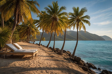 Naklejka premium Outdoor luxury sunset over infinity pool swimming summer beachfront hotel resort, tropical landscape. Beautiful tranquil beach holiday vacation background. Amazing island sunset beach view, palm trees