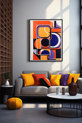 Vibrant modern living room interior with a sofa, round table, and bright abstract painting on the wall. Artistic home, stylish decor, interior design. Artwork decorating the living space.