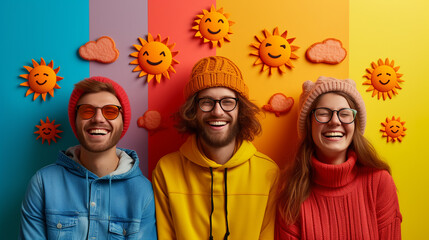 Three people are standing next to each other in front of a colorful background with suns and clouds - obrazy, fototapety, plakaty