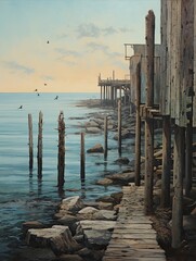 Fototapeta premium Rustic Seascape: Vintage Coastal Pier and Ocean Wall Art