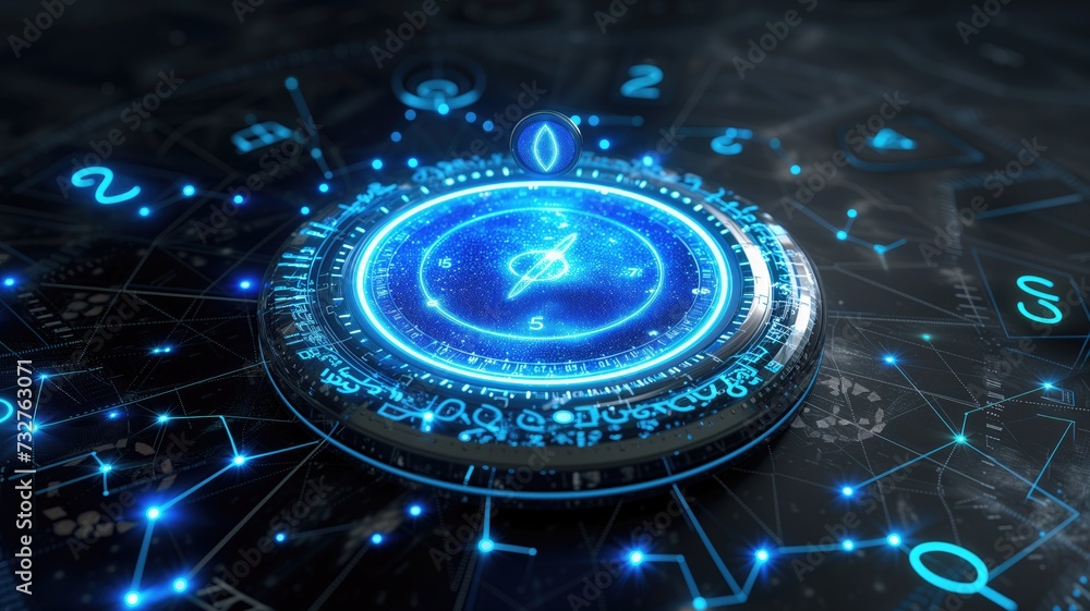 Poster a high-tech digital clock interface with glowing symbols and a futuristic design, suggesting advance