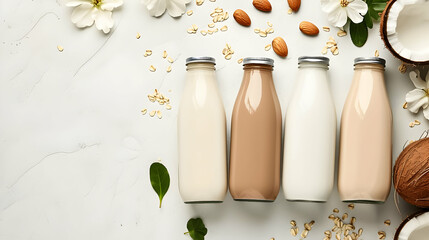 Assorted plant-based milk in bottles with nuts and coconut.