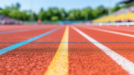 Close-up of a running track with vibrant colored lines, in sharp focus, leading to a blurred background