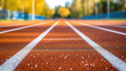 Close-up of an orange running track with white lines - obrazy, fototapety, plakaty