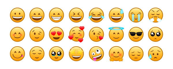 Emoji reactions. Funny emoticons faces with facial expressions. Social media emojis. Icon for website design, mobile app. Collection of emoji reactions for social media. Vector illustration