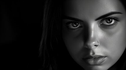 Fototapeta premium Black and white close-up of a woman's face focusing on her intense gaze