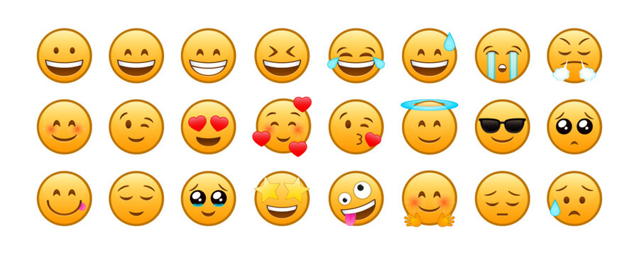 Naklejki Emoji reactions. Funny emoticons faces with facial expressions. Social media emojis. Icon for website design, mobile app. Collection of emoji reactions for social media. Vector illustration