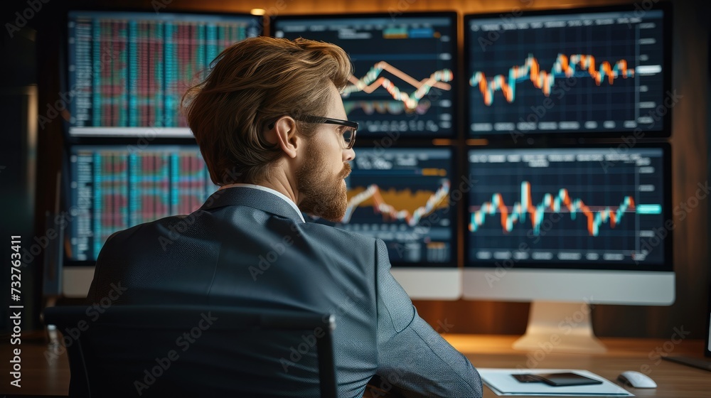 Poster Businessman data analytics big data visualization technology business client analysis management. Financial exchange rate. Generative AI.