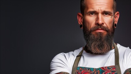 A bearded man with tattoos wearing a chef's apron, reflecting a blend of culinary skill and personal style - obrazy, fototapety, plakaty