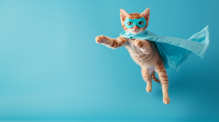 Flying Feline Hero The Adventures of the Superhero Cat with Mask and Cape in front of a Blue Background