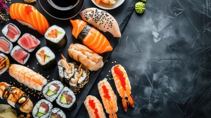 An assortment of sushi and sashimi delicacies arranged on a black stone background, representing Japanese cuisine - Powered by Adobe