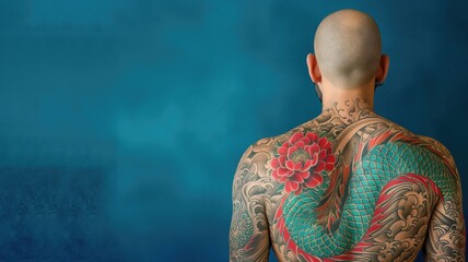 A man's back adorned with a colorful and intricate traditional Japanese tattoo, symbolizing artistry and tradition