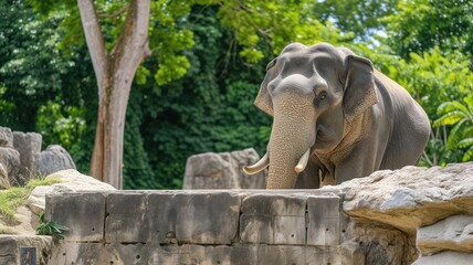 Fototapeta na wymiar A majestic elephant standing behind a wall in its enclosure, showcasing the grandeur and serenity of wildlife