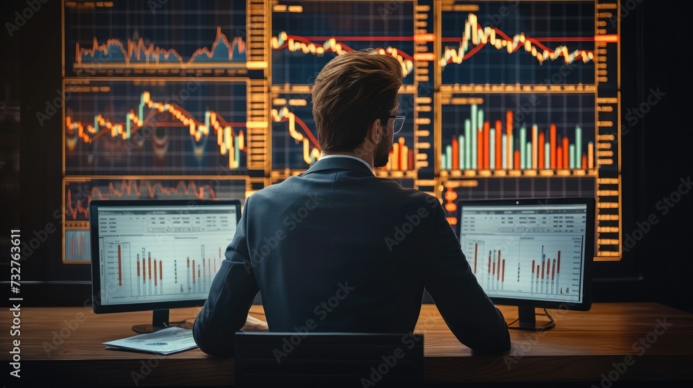 Poster Businessman data analytics big data visualization technology business client analysis management. Financial exchange rate. Generative AI.