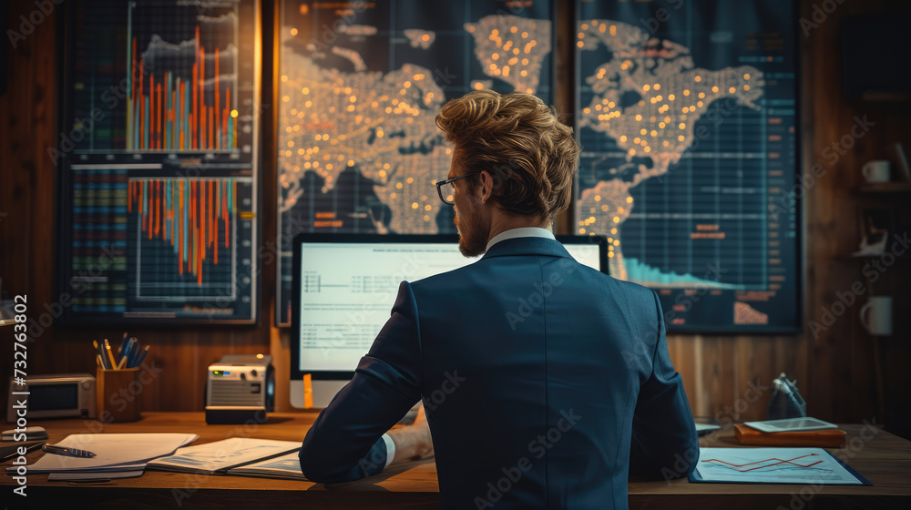 Poster Businessman data analytics big data visualization technology business client analysis management. Financial exchange rate. Generative AI.