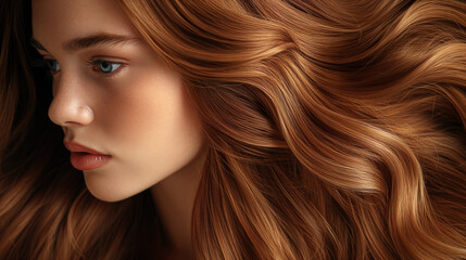A close-up side profile of a woman with auburn hair cascading in luxurious waves, highlighting the rich texture and color that resembles the fluid beauty of a finely painted masterpiece - obrazy, fototapety, plakaty