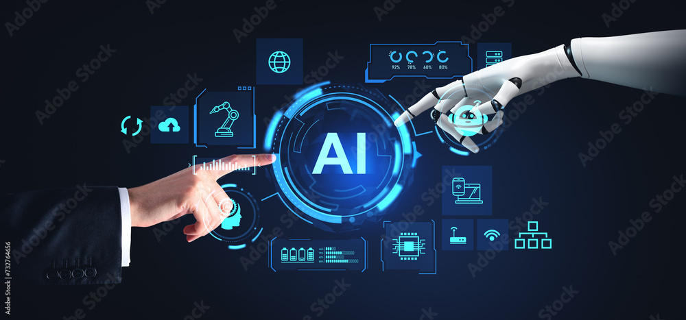Poster man and robot hands using ai interface