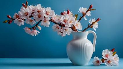 Beautiful vase with cherry blossoms branch, decoration greeting