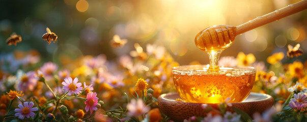 Pure honey banner ads with copy space.The concept of healthy eating and natural products. Label...