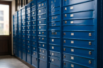 Blue steel Mailboxes in an apartment residential building inside. Modern rows of numbered mailbox, creative design mail backgrounds. Urban correspondence concept. Copy ad text space. Generated Ai