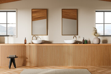 Beige bathroom interior with double sink - obrazy, fototapety, plakaty