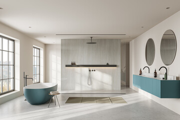 Modern bathroom interior with double sink, douche and tub near panoramic window