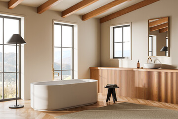 Beige modern hotel bathroom interior with tub, sink and panoramic window