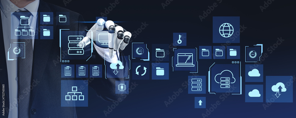 Aufkleber robot hand finger touch big data secure server hologram with icons