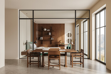 Modern hotel interior with living room and bedroom, panoramic window