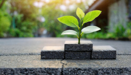  Firefly Baby tree grow up on gap of block on asphalt floor; to growth success concept