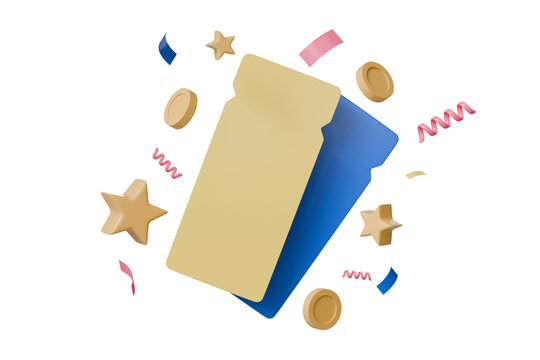 3d minimal cartoon empty blank voucher coupon discount barcode sale price ticket with coins and star falling icon. Blue and yellow voucher colour.3d rendering.